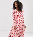 Glamorous Bloom Long Sleeve Midi Dress With Ruffle Detail In Poppy Print-pink