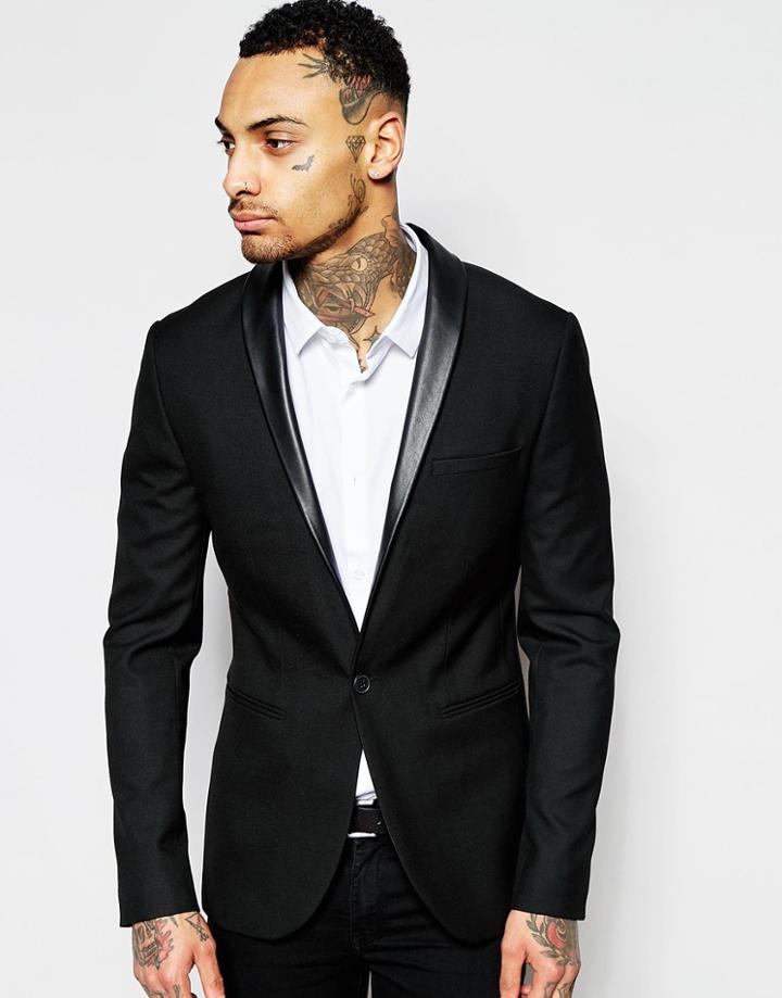 Asos Skinny Fit Blazer With Pu Lapel In Black - Black