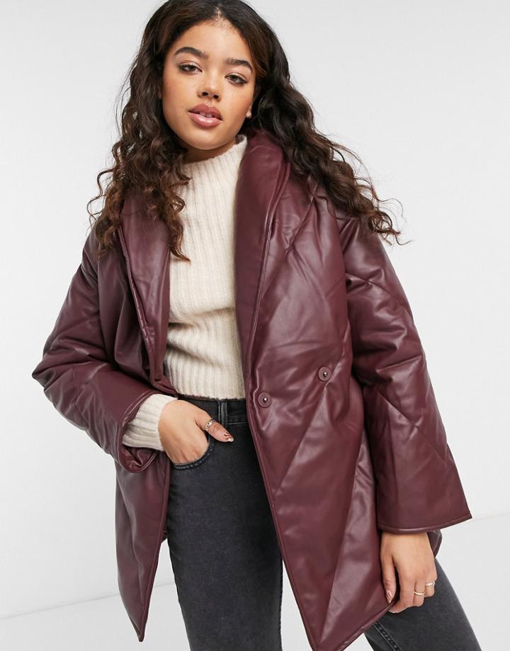 Monki Hilma Faux Leather Padded Jacket With Belt In Dark Red