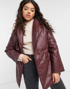 Monki Hilma Faux Leather Padded Jacket With Belt In Dark Red