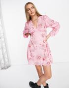 Neon Rose V-neck Long Sleeve Mini Tea Dress In Pink Red Celestial