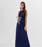Tfnc Tall Bridesmaid Exclusive High Neck Pleated Maxi Dress In Navy