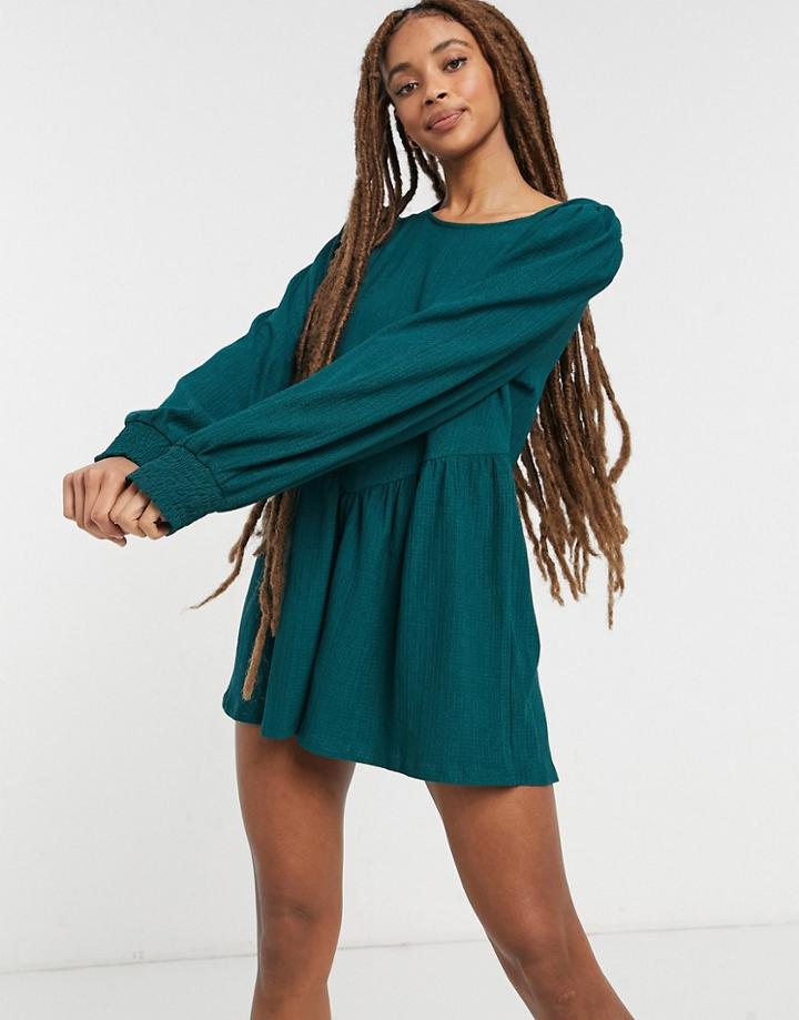 Asos Design Button Back Puff Sleeve Romper In Forest Green