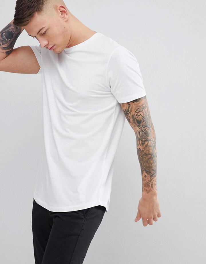Asos Design Longline T-shirt With Crew Neck And Curved Hem - White
