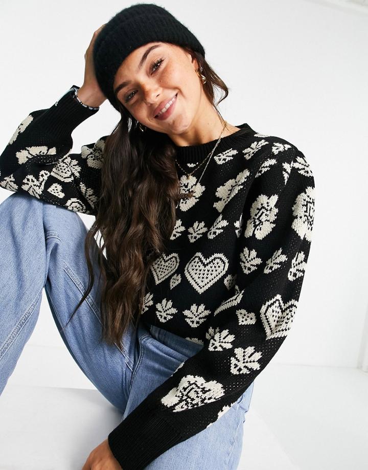 Miss Selfridge Fairisle Heart Pattern Sweater-black