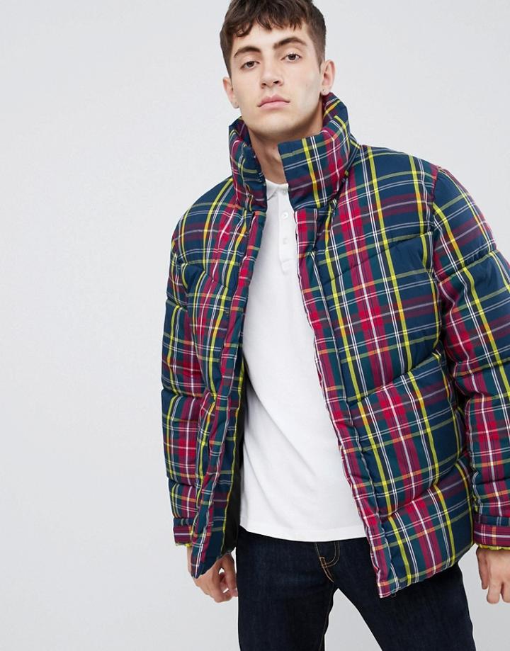Asos Design Oversized Puffer Jacket In Navy Check - Navy