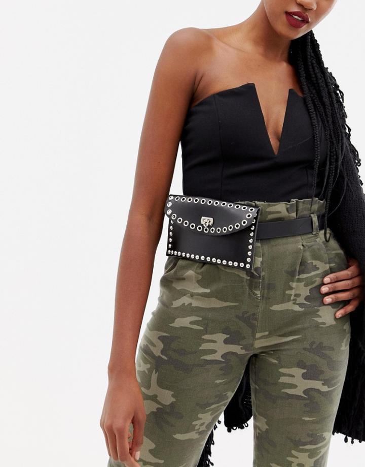Prettylittlething Studded Belt Bag In Black - Black