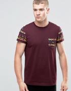 Asos T-shirt With Color Pop Geo-tribal Sleeves And Pocket - Oxblood