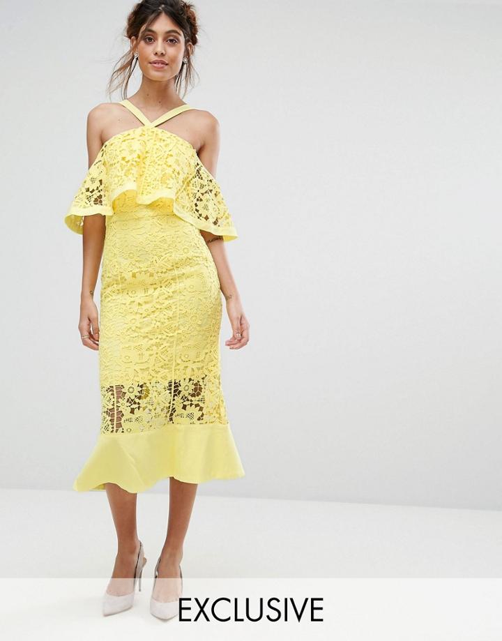 Jarlo Frill Layer Cold Shoulder Lace Midi Dress - Yellow