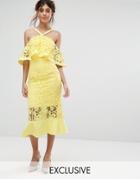 Jarlo Frill Layer Cold Shoulder Lace Midi Dress - Yellow