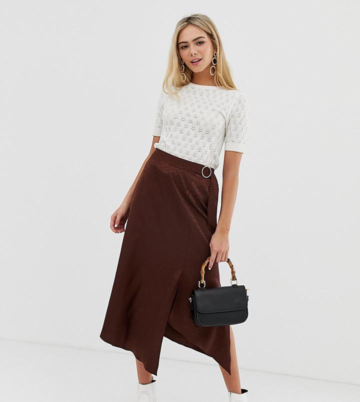 Miss Selfridge Wrap Front Midi Skirt In Chocolate Jacquard - Brown