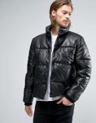 Asos Puffer Leather Jacket In Black - Black