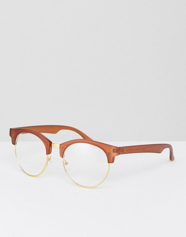 Asos Clear Lens Retro Glasses In Matte Brown - Brown