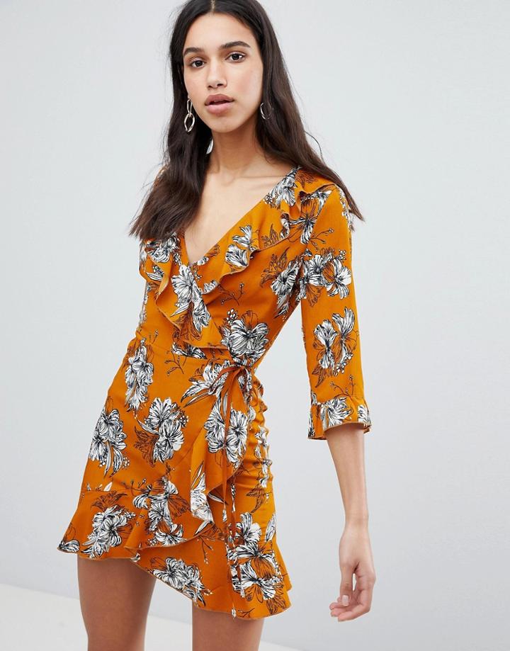 Parisian Floral Print 3/4 Sleeve Ruffle Wrap Dress - Yellow