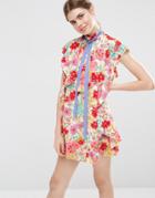 Asos Floral Ruffle Mini Shift Dress With Neck Tie - Multi
