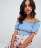 Vila Smock Top With Puff Ball Sleeve - Blue