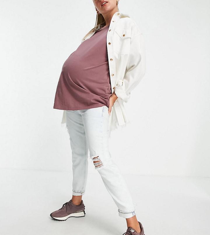 River Island Maternity Carrie Overbump Bleached Mom Jeans In Light Auth Blue-blues