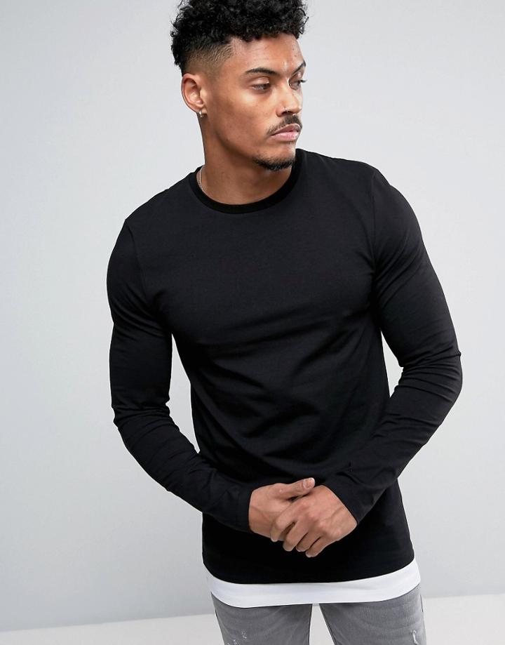 Asos Longline Muscle Long Sleeve T-shirt With Contrast Hem - Black