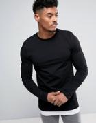 Asos Longline Muscle Long Sleeve T-shirt With Contrast Hem - Black