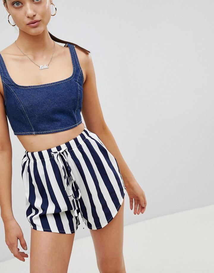 Prettylittlething Stripe Tie Waist Shorts - Navy