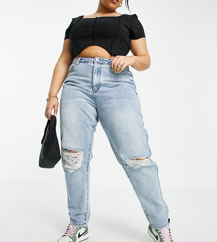 Missguided Plus Riot High Waist Mom Jean With Busted Knee In Blue-blues