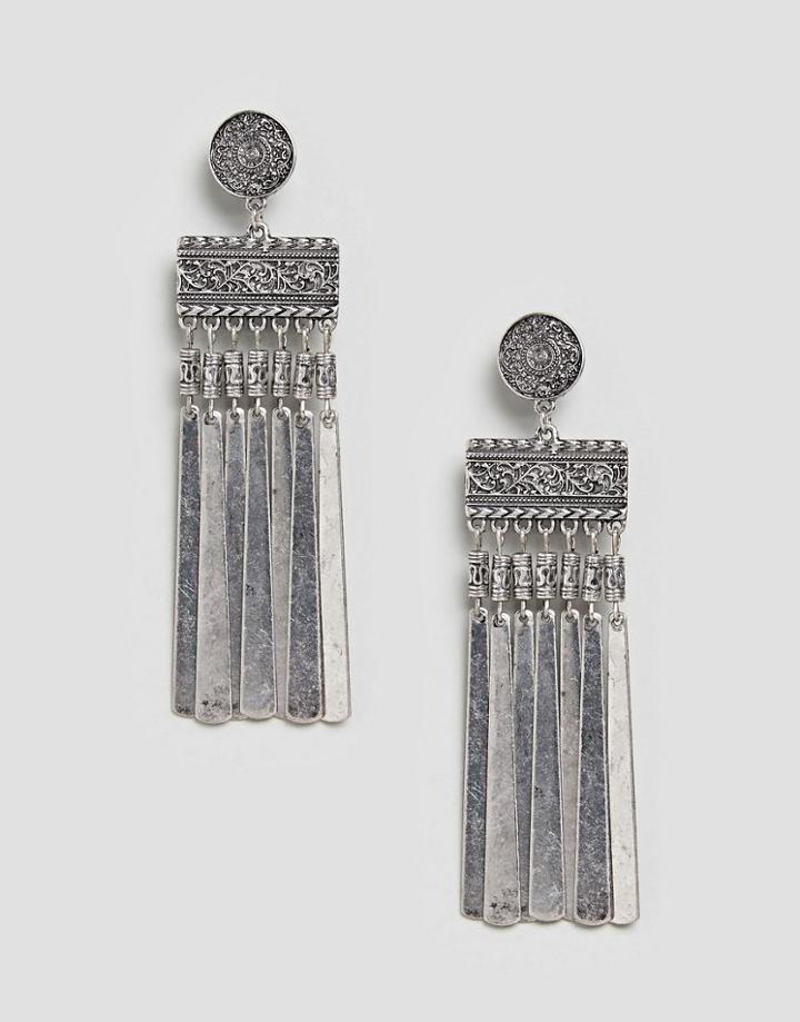 Asos Engraved Disc And Bar Chain Tassel Earrings - Silver