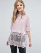 New Look Lace Hem T-shirt - Pink