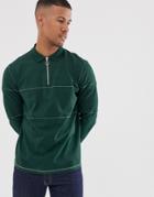 Asos Design Relaxed Long Sleeve Polo Shirt With Zip Neck And Contrast Stitching In Green - Green