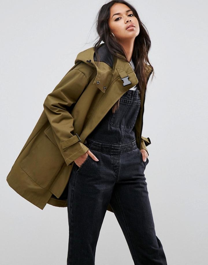 Asos Parka With Funnel Neck And Buckles - Green