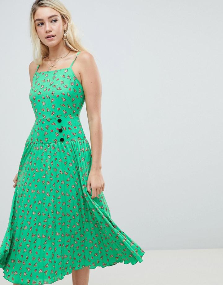 Asos Design Ditsy Floral Pleated Drop Waist Midi Dress - Multi