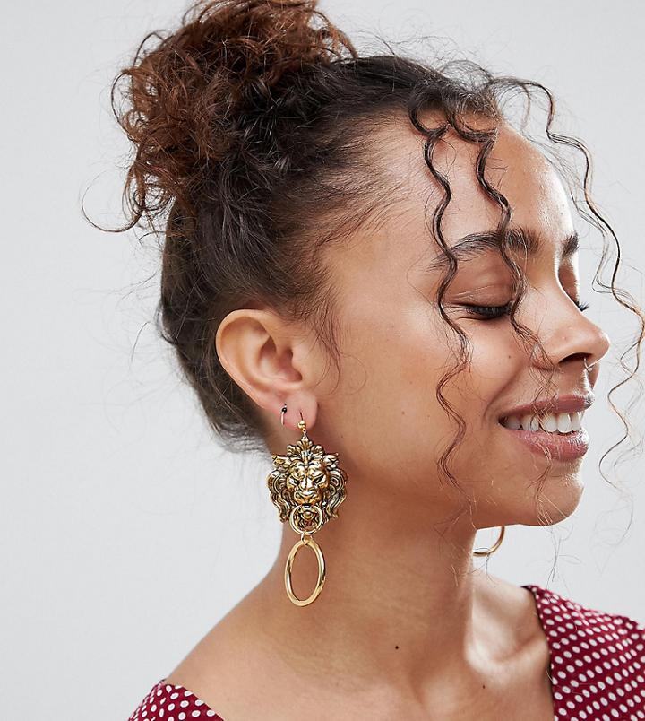 Regal Rose Gold Plated Lion Head Statement Door Knocker Earrings - Gold