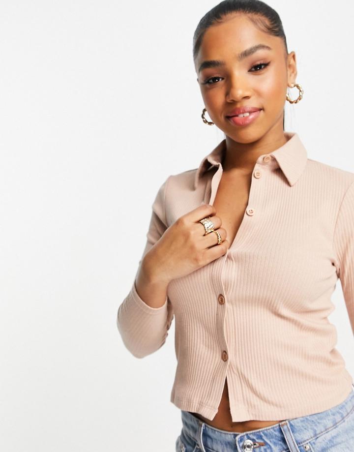 Miss Selfridge Long Sleeve Button Through Jersey Shirt-brown