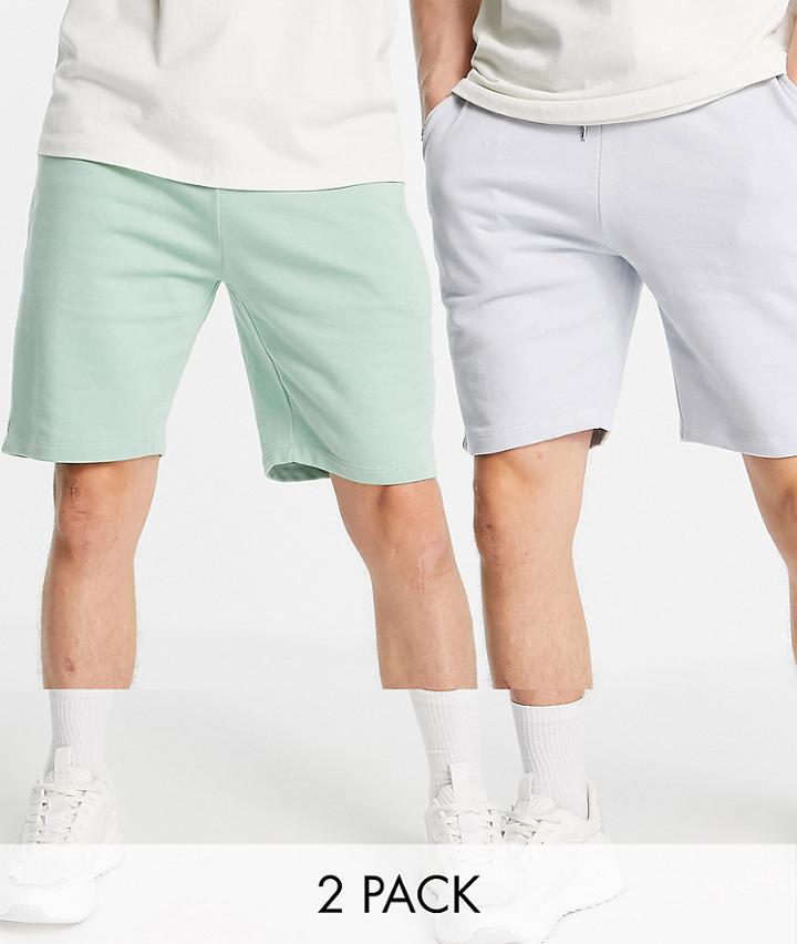 Asos Design Slim Jersey Shorts In Pastel Green/blue 2 Pack-multi
