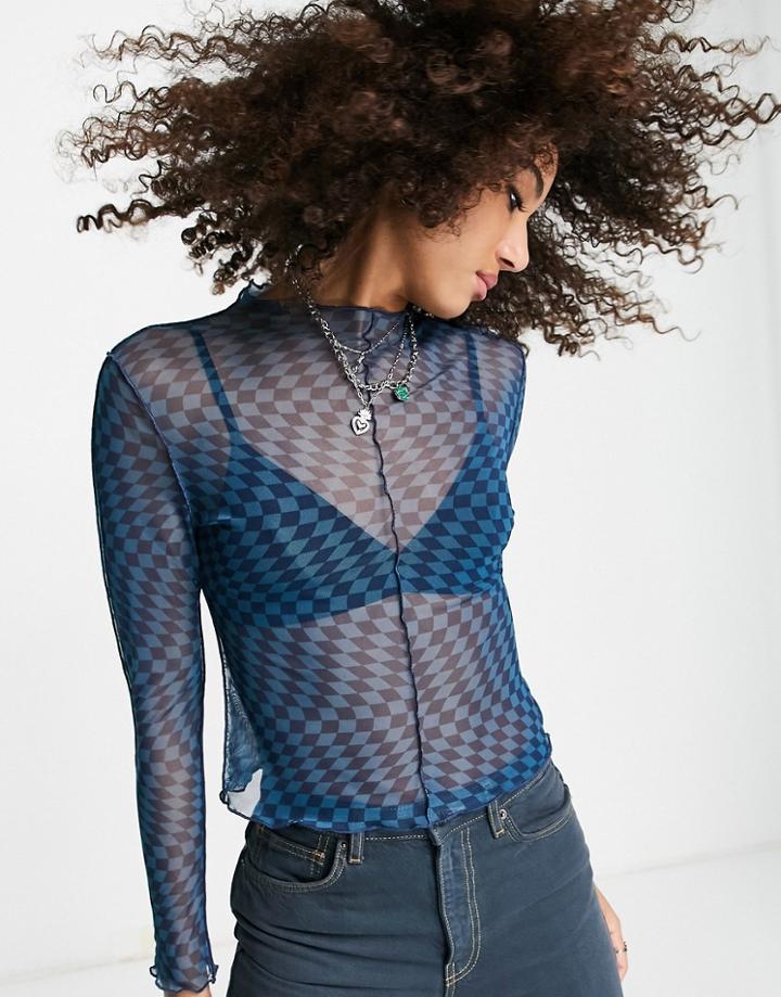 Only Mesh High Neck Seam Detail Top In Blue Checkerboard