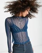 Only Mesh High Neck Seam Detail Top In Blue Checkerboard