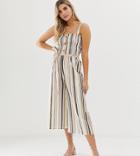 Prettylittlething Linen Culotte Jumpsuit With Button Detail In Stripe - Multi
