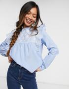 Warehouse Broderie Frill Front Top In Light Blue-blues