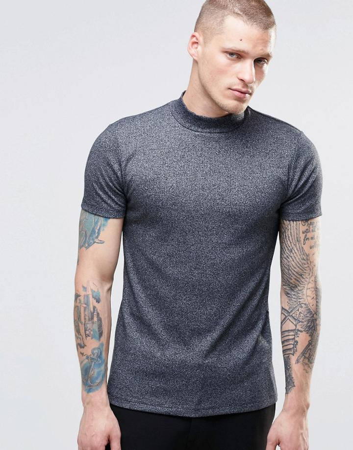 Asos Muscle T-shirt With Turtleneck In Navy Marl - Black Marl