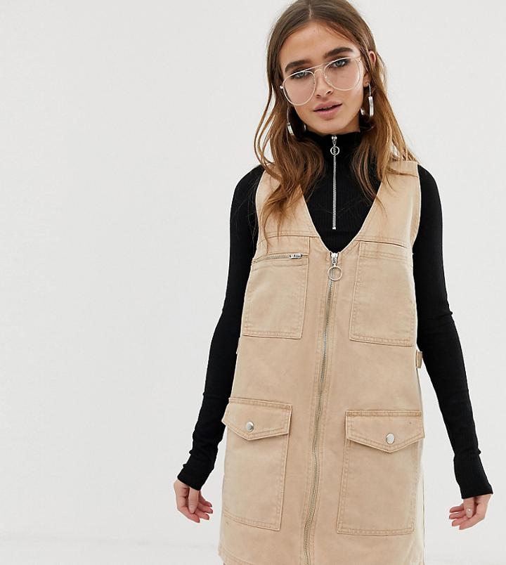 Collusion Petite Denim Utility Mini Dress In Sand-brown
