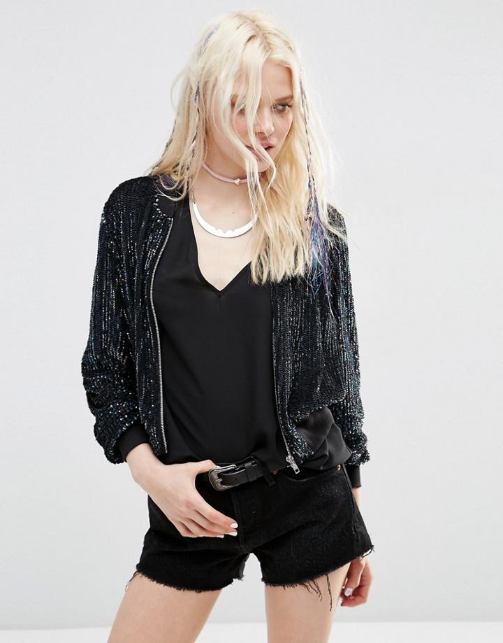 Asos Bomber Jacket In All Over Sequin - Black