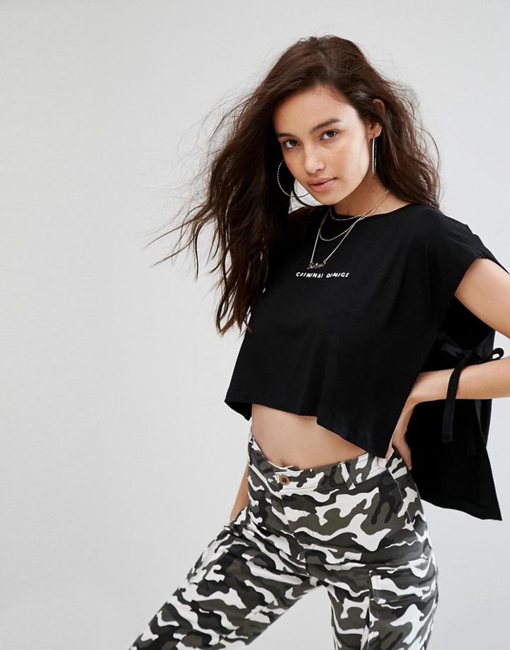 Criminal Damage Sleeveless Crop Top Tank With Tie Sides - Black