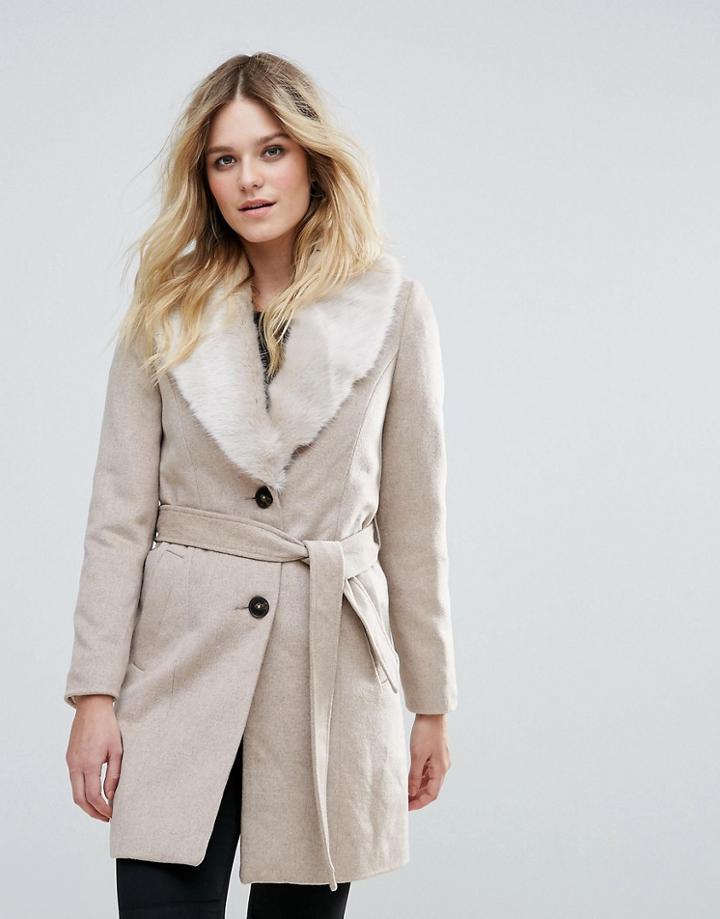 Vero Moda Faux Fur Trimmed Belted Jacket - Cream