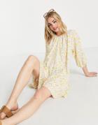 Vila Mini Smock Dress In Ditsy White And Yellow Print