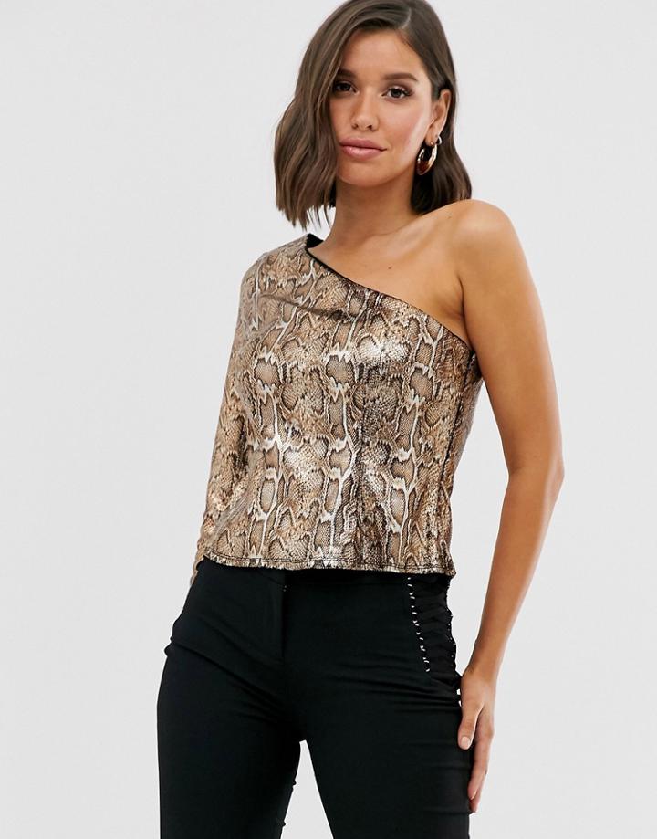 Asos Design One Shoulder Top In Snakeskin Printed Sequin-multi
