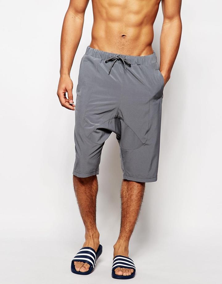 Asos Drop Crotch Swim Shorts In Dark Gray - Gray
