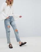 One Teaspoon Awesome Baggies High Waisted Straight Leg Jeans With Rips - Blue