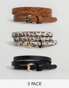 Asos Design 3 Pack Waist And Hip Belts In Snake & Leopard - Multi