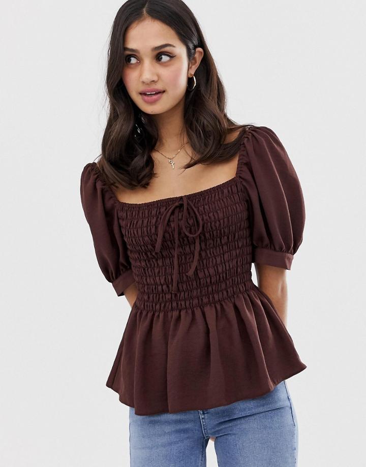 Asos Design Shirred Front Square Neck Top - Brown
