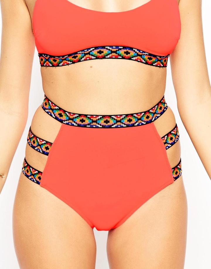 Asos Ikat Elastic Trim High Waist Bikini Bottom - Coral