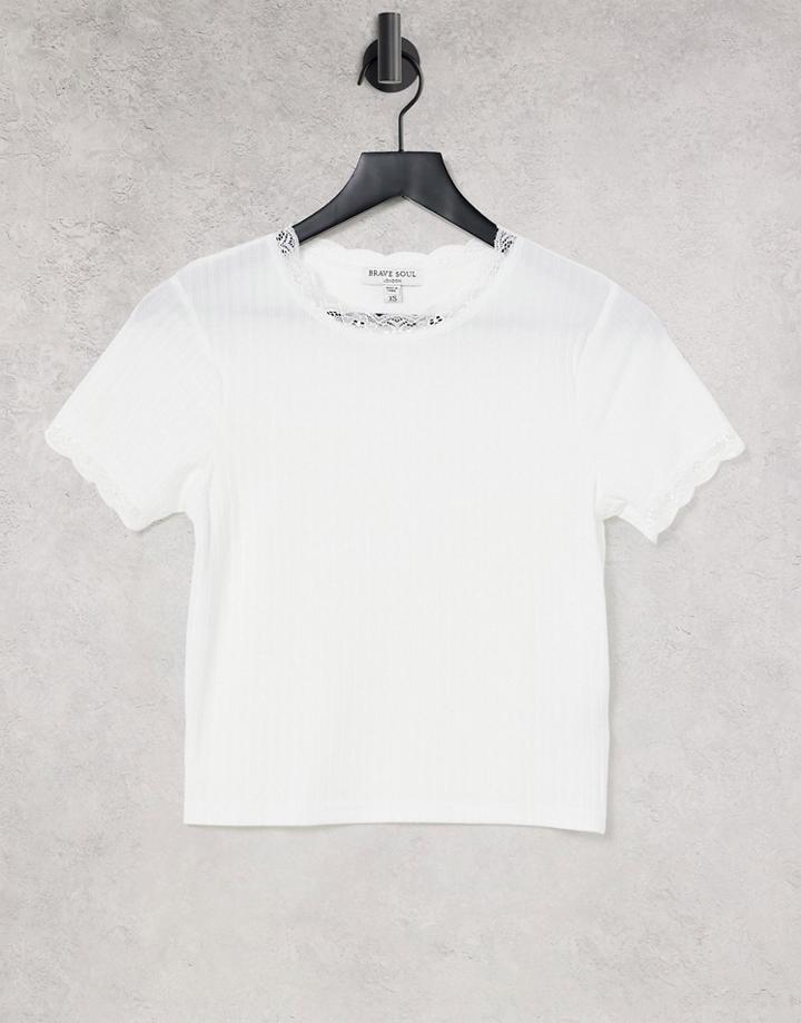Brave Soul Kaiko Lace Trim Ribbed T-shirt-white
